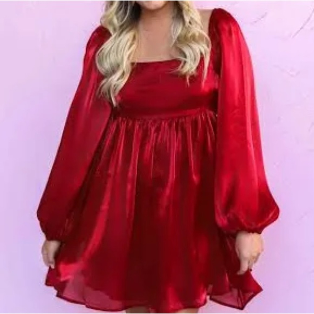 Red Organza Puff sleeve Babydoll Mini Dress